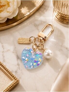NEW Blue Glitter Heart Pearl Gold Bag Charm Key Ring NWT